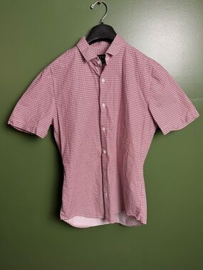 Men's Topman Short-Sleeve Button-Up Shirt Red and White pattern US S 36-38